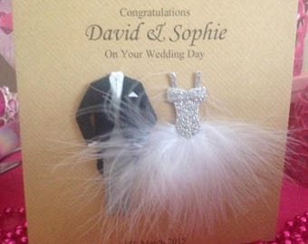 Congratulations Wedding Card, Couple, Bride and Groom, Feather Dress Suit, Daughter, Any Name, Wedding Card Personalised Daughter Son