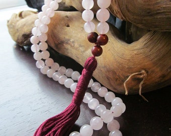 Rose Quartz and Rosewood Mala, 108 Bead Mala, Meditation Beads, Buddhist Prayer Beads, Yoga Mala Necklace