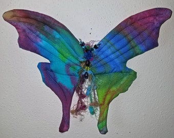 Rainbow fiber sculpted butterfly wall accent with Swarovski crystal body