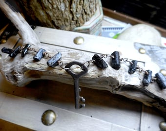 The Dark Room. Rough Black Tourmaline Nuggets and vintage skeleton key bracelet