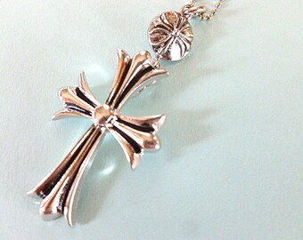 VINTAGE SILVERTONE Cross Pendant, Cross with Unique Bail & Ball Style Neck Chain, Silver Cross Necklace, Cross with Neck Chain, Unique Cross