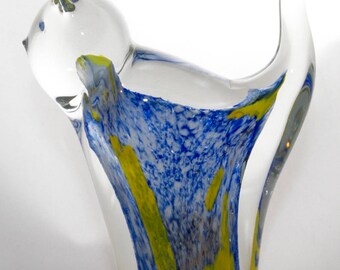 Blown Glass Blue Yellow Cat Figurine