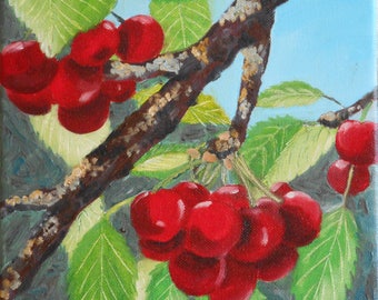 Original painting oil fruits - cherries-small format Original oil painting of fruits - Cherries-Small size