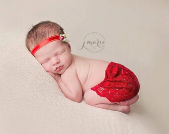 Red Lace Newborn Vintage skirt and floral headband set