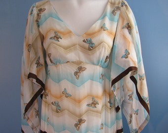 Vintage 70s Hippy Boho Butterfly Dress Empire Waist & Scarf Sleeves M