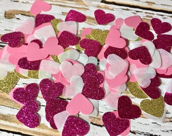 Valentine decor, Pink Heart Confetti, Pink and Gold Glitter confetti, Party confetti, Baby shower confetti, Table scatter