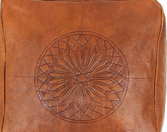Brown Leather Moroccan Pouf. Leather Ottoman