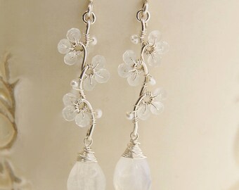 Rainbow Moonstone Bridal Earrings, June Birthstone Earrings, White Flower Earrings, Teardrop Earrings Sterling Silver