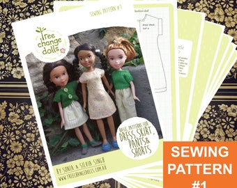 Tree Change Dolls® Sewing Pattern #1, Basic Dress, Skirt, Pants & Shorts, by Sonia and Silvia Singh