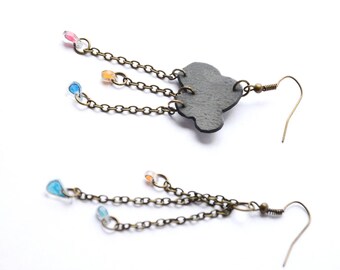 Tiny cloud rubber dressing look recycled and shrink plastic earrings - earrings asymmetrical - women gift