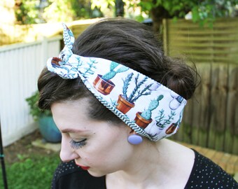 Plants Succulent CACTUS Head scarf/ Dolly bow/ Bandana. 50s inspired, Rockabilly/Retro/ Vintage.