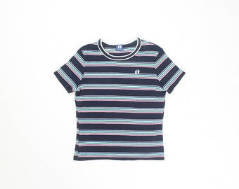 Hang Ten Striped Shirt Baby Tee 1990s Ribbed Stretch Top Stripes 90s Fitted T-Shirt Stretchy Soft Grunge Retro Short Sleeve Navy Small