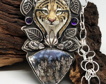 Keeper of Secrets sterling silver porcelain, plume agate and Amethyst Lynx cat artist necklace OOAK RESERVED