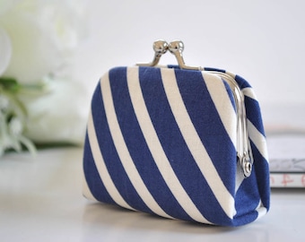 Rugby Stripe in Navy - Tiny Kiss lock Coin Purse/Jewelry holder