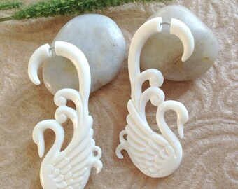 Fake Gauge Earrings, "Swan Beauty" Naturally Organic, Bone, Hand Carved, Tribal