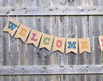 Personalized Paper Party Garland, Woodgrain Banner, wedding sign, shower decoration, birthday decor, craft booth sign, baby name, woodland