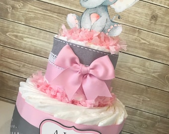 Little Peanut Diaper Cake in Pink and Gray, Elephant Baby Shower Centerpiece, Pink and Gray Baby Shower Decorations