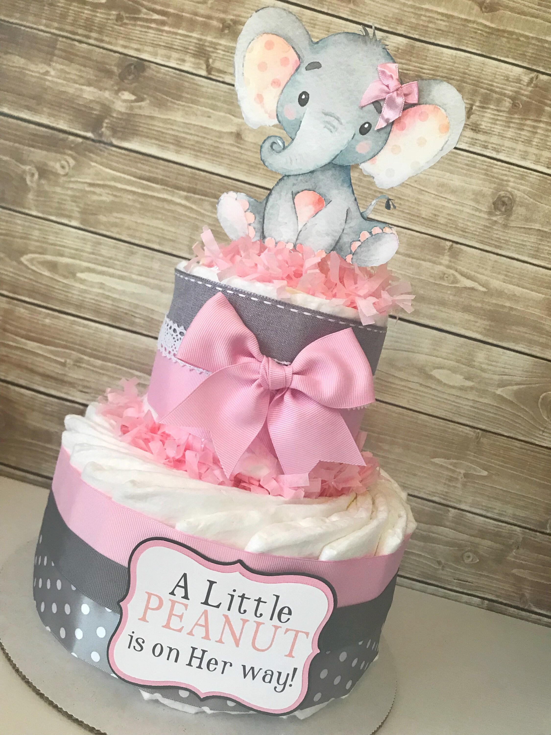 Little Peanut Diaper Cake in Pink and Gray Elephant Baby Shower