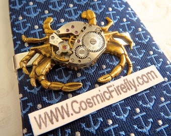 Men's Steampunk Tie Clip Brass Crab Tie Clip Vintage Watch Movement Nautical Tie Bar Gothic Victorian Men's Tie Clip Men's Gifts Tropical