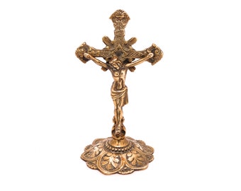 Vintage Brass Crucifix, Free Standing INRI Crucifix, Church Alter Cross, Brass Cross, Altar Relic, Brass Crucifixion, Religious Alter Decor