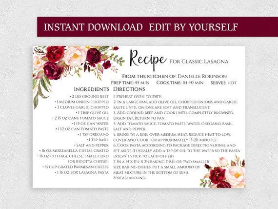 Editable Recipe Cards 4x6 Printable Two Sided Personalized Recipe Card Template For Bridal Sided Recipe Card Template