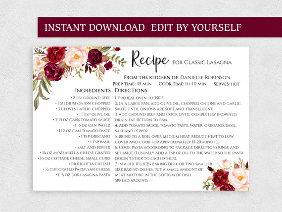 EDITABLE Recipe cards 4x6 Printable two sided Personalized ...