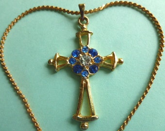 BETHLEHEM CROSS, Blue Rhinestones Goldtone Cross, Vintage Cross and Neck Chain Cross Necklace, Religious Goldtone Cross, Gold Necklace