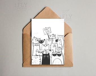 Printable Don't Go Goodbye Cats Greeting Card - From All of Us - Coworker Leaving - Saying Farewell - Instant Download - Black + White - 5x7