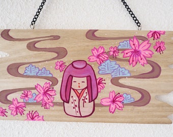 Japanese Sakura Cherry Blossom Kawaii Kokeshi Wall Hanging