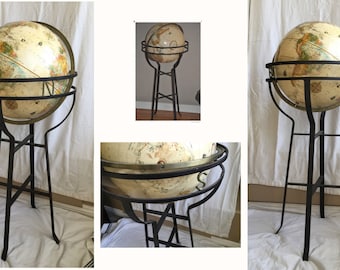Mid century globe Replogle 16" World Classic Series floor model on iron and brass saturn atomic frame base RARE 1950s BASE McCobb era