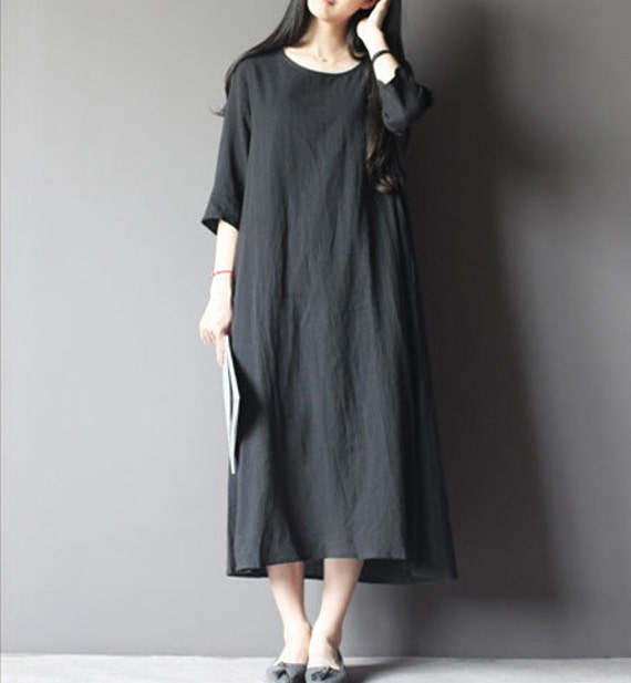 Black half sleeve linen dress-black long dress-women home