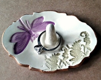 Ceramic Ring Holder Ring Dish Ring Bowl Off White Purple Dragonfly and ferns edged in gold