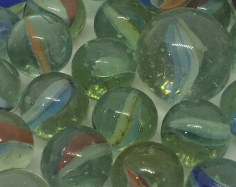 50 Vintage Glass Cat's Eye Marbles with one Shooter, Red, White, and Blue