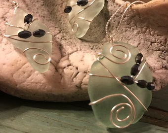 Unique 3 Piece Set - Light Aqua Beach Glass Earnings and Necklace Set