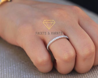 Diamond Wedding Band Solid Platinum 950 Round Cut Best Simulated Diamonds 0.50 Carat Half Eternity Pave Wedding Band by FACETS and KARATS