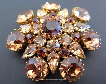 Vintage Topaz Brooch Signed Austria Amber Rhinestones Gold Tone Pin Designer Quality