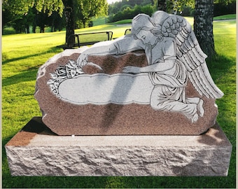 Pre-Carved Angel & Cloud Memorial Headstone On Memory Rose Granite