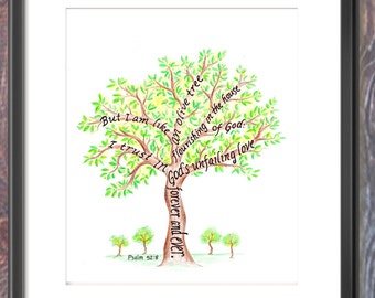 Olive Tree, Bible Verse art print, scripture design, hand lettered typography, wall art decor