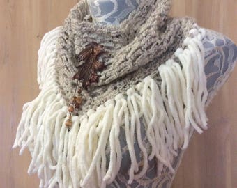 Autumn Oak cowl... knit crocheted fringed yarn soft scarf leather tie bohemian boho
