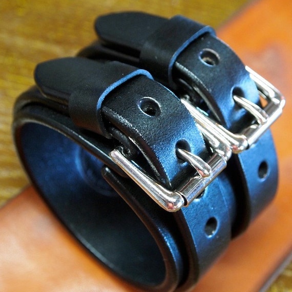 Leather cuff bracelet Black bridle leather Wristband with double straps handmade for You in USA by Freddie Matara