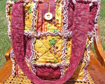 Autumn Rag Quilt Tote - Grapes and Flowers - Winery - Autumn Tote - Fall Colors Tote - Autumn Colors Tote - Gift For Her - Mother's Day