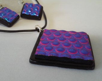 Fused Glass Necklace and Earrings Set in Blue/Pink/Purple