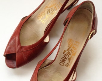 1970s Ferragamo Pumps Oxblood Thin Straps 6 1/2B