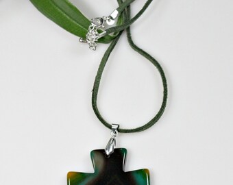 Agate Cross Pendant Necklace - Black / Yellow Carved Agate Stone - Double Sided - Statement Necklace - Unique Easter Gift - Spring /Summer