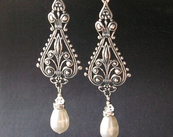 Vintage Bridal Earrings, Silver Filigree Earrings, Antiqued Silver Chandelier Earrings, Ivory White Pearl Chandelier Earrings, VIVIENNE