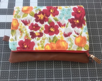 Floral Leather Fold over clutch