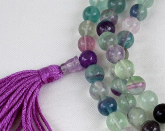 Rainbow Fluorite Mala Necklace w Green Aventurine - Buddhist Prayer Beads - Yoga Mala