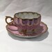 Hand Painted Shafford Japan Iridescent Pink with Iridescent White Interior 3 Leg Footed Teacup and Saucer Gold Trim