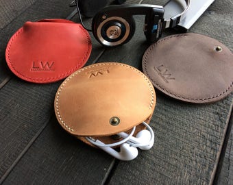 Leather Earphone case Cable organizer Earphone holder round case headphones