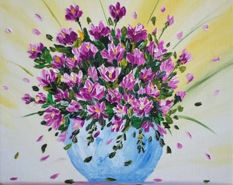 Flowers in vase, Palette knife, Spring, OriGinal, Gift idea, For Her